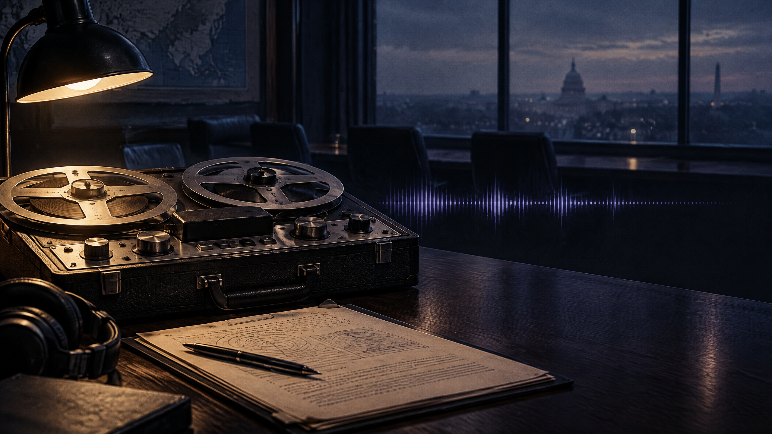 Editorial illustration of a 1950s reel-to-reel recorder for the official Ruppelt PR160 historical audio record; not an archival photograph.